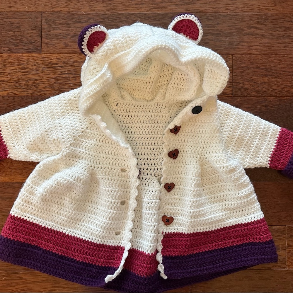 SOLD ON X-POST Adorable White and Purple Crochet Baby Cardigan - Picture 1 of 8